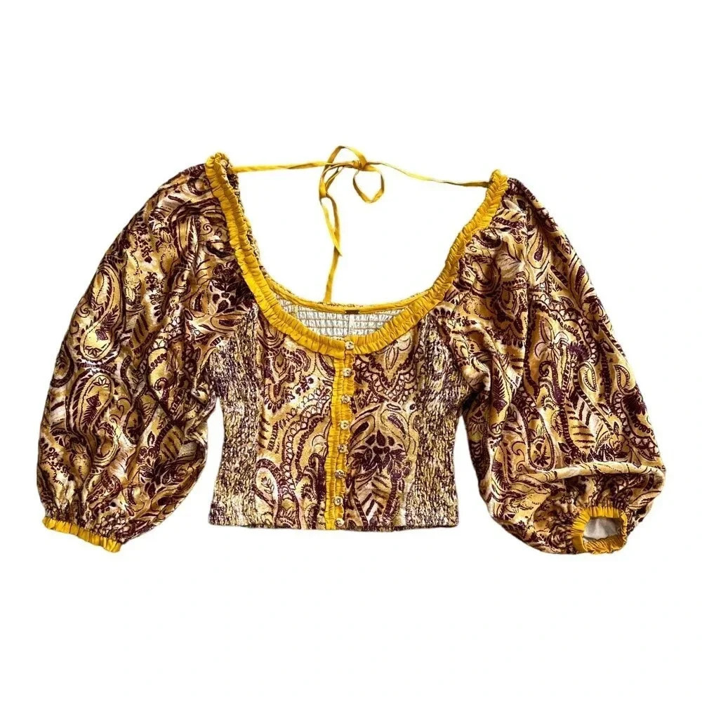 Free People Yellow Velvet Dare Me Smocked Blouse XS